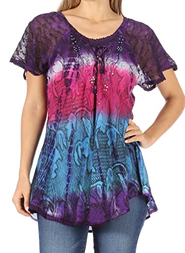 Sakkas 14783 - Dina Relaxed Fit Sequin Tie Dye Stickerei Cap Ärmel Bluse/Top - Lila - OS von Sakkas