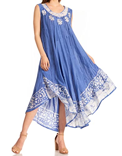 Sakkas 15009 - Alexis gesticktes langes Sleeveless BlumenKaftan Kleid/Abdeckung Oben - Denim Blau - OS von Sakkas
