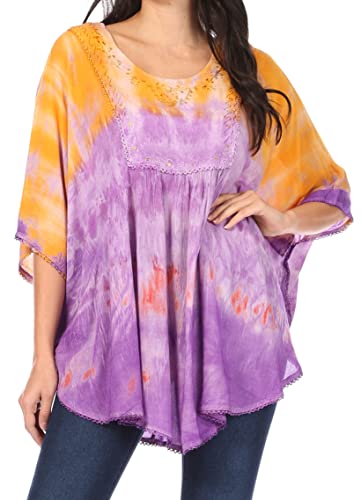 Sakkas 15031 - Lepha Lange Weit Bunt Abbindebatik Sequin gesticktes Poncho Spitzenbluse - Orange - OS von Sakkas