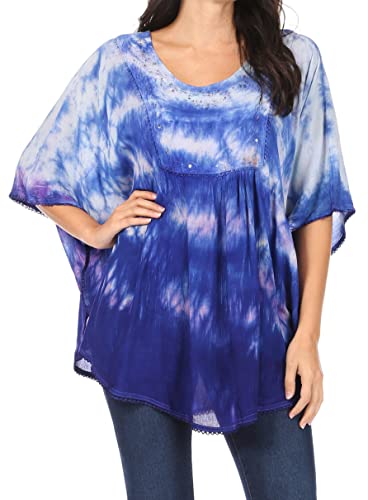 Sakkas 15031 - Lepha Lange Weit Bunt Abbindebatik Sequin gesticktes Poncho Spitzenbluse - hellblau - OS Sakkas 15031 - Lepha Lange Weit Bunt Abbindebatik Sequin gesticktes Poncho Spitzenbluse - hellblau - OS von Sakkas