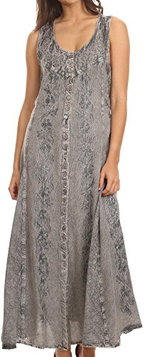 Sakkas 15221 - Maya Floral Embroidegrey Ärmelloser Button Up Rayon Kleid - Grau - S/M von Sakkas