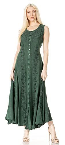 Sakkas 15221 - Maya Floral gestickte Ärmellose Button Up Rayon Kleid - Grün - S/M von Sakkas