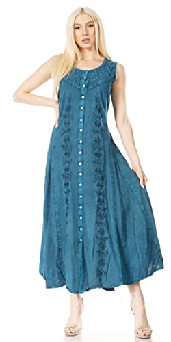 Sakkas 15221 - Maya Floral gestickte Ärmellose Button Up Rayon Kleid - Türkis - S/M von Sakkas