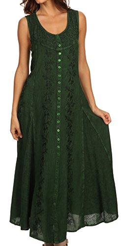 Sakkas 15221 - Maya Floral gestickte ärmellose Button Up Rayon Kleid - Grün - 1X / 2X von Sakkas