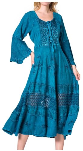 Sakkas 15223 - Mirabel Stonewashed Korsett Stil Floral Emboridery Kimono Ärmel Kleid - Türkis - 1X / 2X von Sakkas