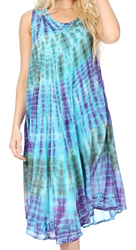 Sakkas 15803 - Nora ärmelloses Besticktes kurzes Tie Dye Kaftankleid/Cover Up - 1-Türkis - OS von Sakkas
