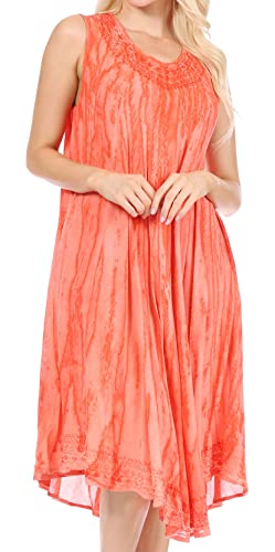 Sakkas 15803 - Nora ärmelloses Besticktes kurzes Tie Dye Kaftankleid/Cover Up - 2-Lachs - OS von Sakkas