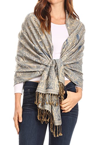 Sakkas 16125 - Kalin Lange Wide Woven Patterned Fringe Tassel Pashmina Schal/Schal - Blau/Beige - OS von Sakkas