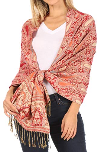 Sakkas 16125 - Kalin Lange breite Woven Patterned Fringe Quaste Pashmina-Schal/Schal - Rot - OS von Sakkas