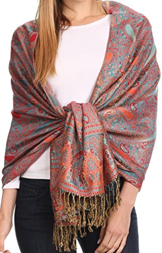 Sakkas 16125 - Kalin Lange breite Woven Patterned Fringe Quaste Pashmina-Schal/Schal - Royal Blue/Rot - OS von Sakkas