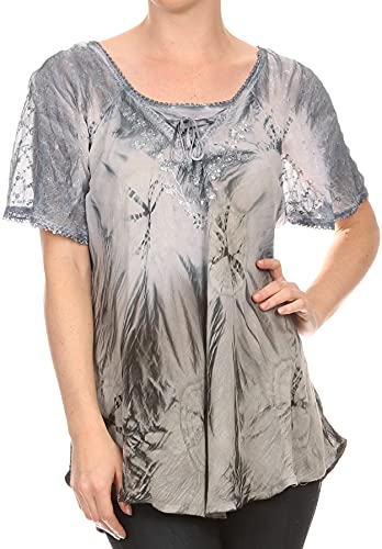 Sakkas 16480 - Taylay Ombre Tie Dye Batik Lange gestickte Korsett Neck Bluse Shirt Top - Grey - OSP von Sakkas