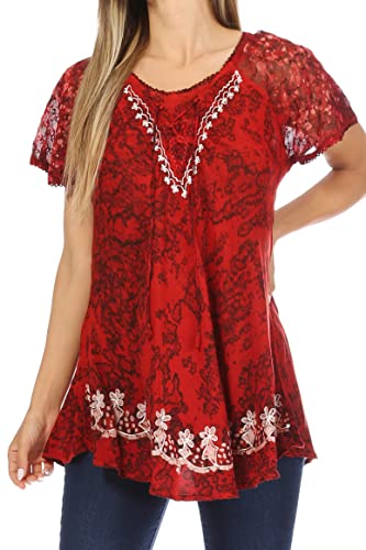 Sakkas 16482 - Ash gesprenkelt Tiedye Bestickt Cap Sleeve Bluse Top mit Stickerei Saum - rot - OS von Sakkas