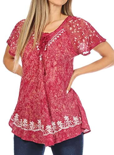 Sakkas 16482 - Ash gesprenkelte Tiedye gestickte Kappe Bluse Top mit Stickerei Hems - Fuchsia - OSP von Sakkas
