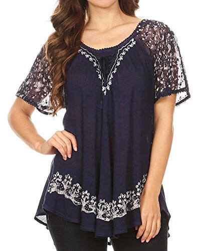 Sakkas 16482 - Ash gesprenkelte Tiedye gestickte Kappe Bluse Top mit Stickerei Hems - Navy - OS von Sakkas