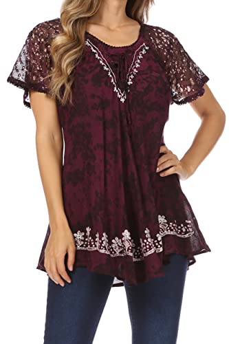 Sakkas 16482 - Ash gesprenkelte Tiedye gestickte Kappe Bluse Top mit Stickerei Hems - Purple - OS von Sakkas