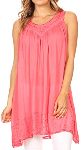 Sakkas 16521 - Rita Frauen Picot Trim V-Ausschnitt Tank-Bluse mit Seqins und Stickerei - Coral - OS von Sakkas