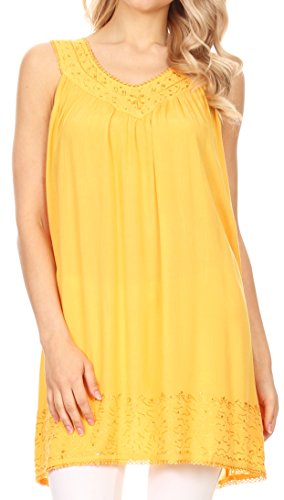 Sakkas 16521 - Rita Womens Picot Trim V Neck Tank Blouse with Seqins and Embroidery - Tangerine - OS von Sakkas