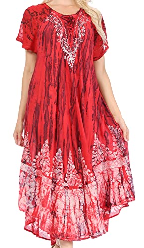 Sakkas 16601 - Ronny Lace Bestickte Mütze Hülse Krawatte Dye Wash Kaftan Kleid/Cover Up - Fuchsia/Navy - OS von Sakkas