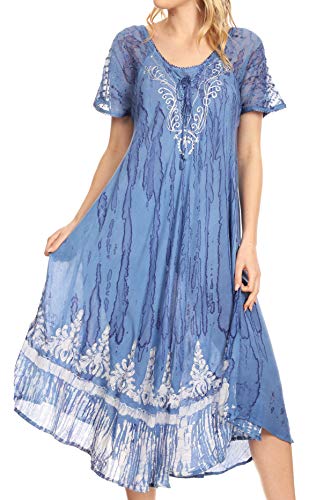 Sakkas 16601 - Ronny Lace gestickte Kappen-Hülsen-Bindung Dye Wash Caftan Kleid/Cover Up - Sky Blue - OS von Sakkas