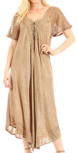 Sakkas 16603 - Egan Lange gestickte Kaftan Kleid/Abdeckung mit gestickten Kappen Ärmeln - Beige - OS von Sakkas