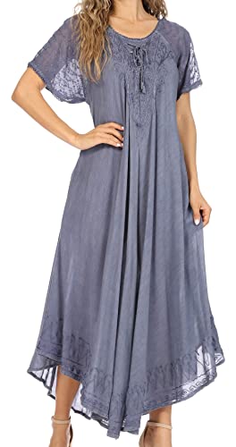 Sakkas 16603 - Egan Lange gestickte Kaftan Kleid/Abdeckung mit gestickten Kappen Ärmeln - Denim Blue - OS von Sakkas