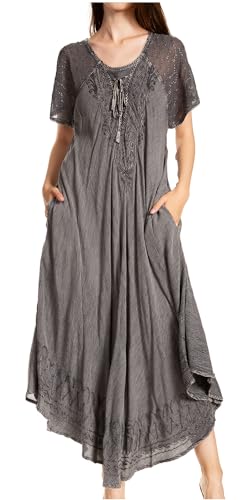 Sakkas 16603 - Egan Lange gestickte Kaftan Kleid/Abdeckung mit gestickten Kappen Ärmeln - Grau - OS von Sakkas