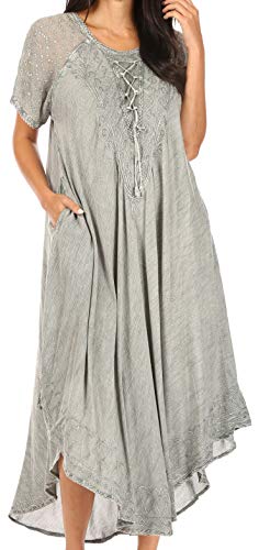 Sakkas 16603 - Egan Lange gestickte Kaftan Kleid/Abdeckung mit gestickten Kappen Ärmeln - LightGrey - OS von Sakkas