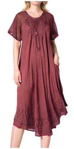Sakkas 16603 - Egan Langes besticktes Kaftankleid/Vertuschen mit bestickten Flügelärmeln - A-Burgandy - OS von Sakkas