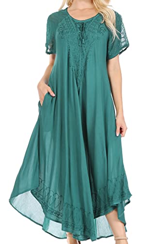 Sakkas 16603 - Egan Langes besticktes Kaftankleid/Vertuschen mit bestickten Flügelärmeln - A-ForestGreen - OS von Sakkas
