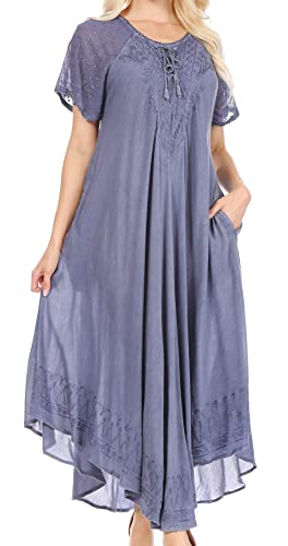 Sakkas 16603 - Egan Langes Besticktes Kaftankleid/Vertuschen mit bestickten Flügelärmeln - A-Indigo - OS von Sakkas