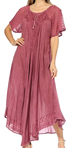 Sakkas 16603 - Egan Langes besticktes Kaftankleid/Vertuschen mit bestickten Flügelärmeln - A-Sangria - OS von Sakkas