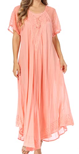 Sakkas 16603 - Egan Langes besticktes Kaftankleid/Vertuschen mit bestickten Flügelärmeln - P-Lachs - OS von Sakkas