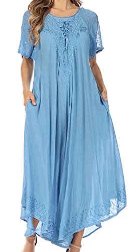 Sakkas 16603 - Egan Langes besticktes Kaftankleid/Vertuschen mit bestickten Flügelärmeln - P-OceanBlue - OS von Sakkas