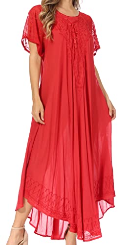 Sakkas 16603 - Egan Langes besticktes Kaftankleid/Vertuschen mit bestickten Flügelärmeln - P-Rot - OS von Sakkas