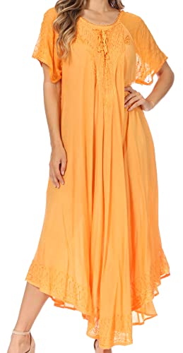 Sakkas 16603 - Egan Langes Besticktes Kaftankleid/Vertuschen mit bestickten Flügelärmeln - P-Tangerine - OS von Sakkas