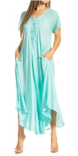 Sakkas 16603 - Langes besticktes Kaftankleid/Überwurf Egan mit bestickten Flügelärmeln - P-Mint - OS von Sakkas