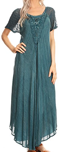 Sakkas 16611 - Helena gesticktes Lace-Up Kaftan Kleid/Cover mit Ösen Ärmeln - Denim Blue - OS von Sakkas