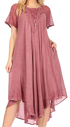 Sakkas 16611 - Helena gesticktes Lace-Up Kaftan Kleid/Cover mit Ösen Ärmeln - Staubige Rose - OS von Sakkas