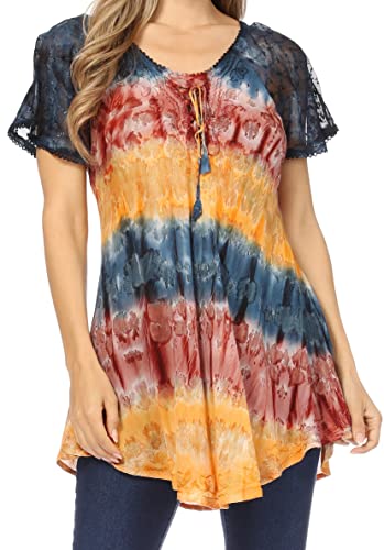 Sakkas 16786 - Monet Long Tall Abbindebatik Ombre gestickte Kappe Bluse Hemd Top - Grau/Coral - OSP von Sakkas