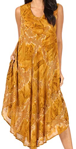Sakkas 16801 - Laeila Abbindebatik Gewaschene Lange Ärmelloses Tank Top Kaftan Kleid/Vertuschung - Olive - OS von Sakkas