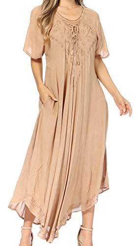 Sakkas 1701 - Lilia Besticktes Mieder mit Schnürung, Maxi-Sonnenkleid mit entspannter Passform - A-Haferflocken - OS von Sakkas