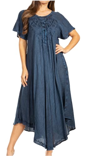 Sakkas 1701 - Lilia Besticktes Schnürmieder Maxi-Sonnenkleid mit entspannter Passform - A-Midnight Blue - OS von Sakkas