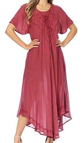 Sakkas 1701 - Lilia Besticktes Schnürmieder Maxi-Sonnenkleid mit entspannter Passform - A-Sangria - OS von Sakkas