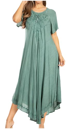 Sakkas 1701 - Lilia Besticktes Schnürmieder Maxi-Sonnenkleid mit entspannter Passform - A-Seafoam - OS von Sakkas