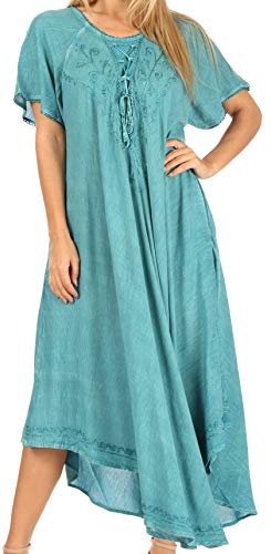 Sakkas 1701 - Lilia - Gesticktes Maxi-Sonnenkleid mit Schnürung und entspannter Passform - A-Teal - OS von Sakkas