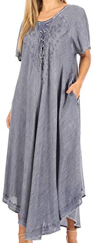 Sakkas 1701 - Lilia - Gesticktes Maxikleid mit Schnürung und lockerer Passform - A-Blau - OS von Sakkas