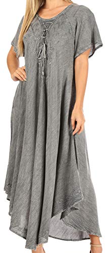 Sakkas 1701 - Lilia - Gesticktes Maxikleid mit Schnürung und lockerer Passform - A-Grau - OS von Sakkas