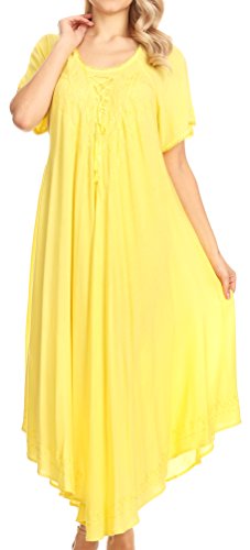 Sakkas 1701 - Lilia gestickter schnüren Sich Oben Mieder Relaxed Fit Maxi-Kleid - Gelb - OS von Sakkas