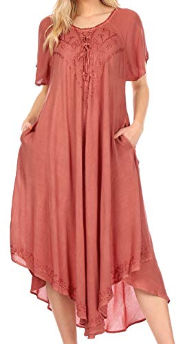 Sakkas 1701 - Lilia gestickter schnüren Sich Oben Mieder Relaxed Fit Maxi Sun Kleid - Brown - OS von Sakkas