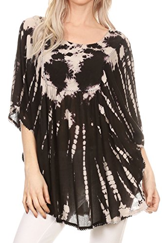 Sakkas 17031 - Sunia Abbindebatik Kaftan-Hülsen-Bluse | Cover Up - Schwarz - OS von Sakkas